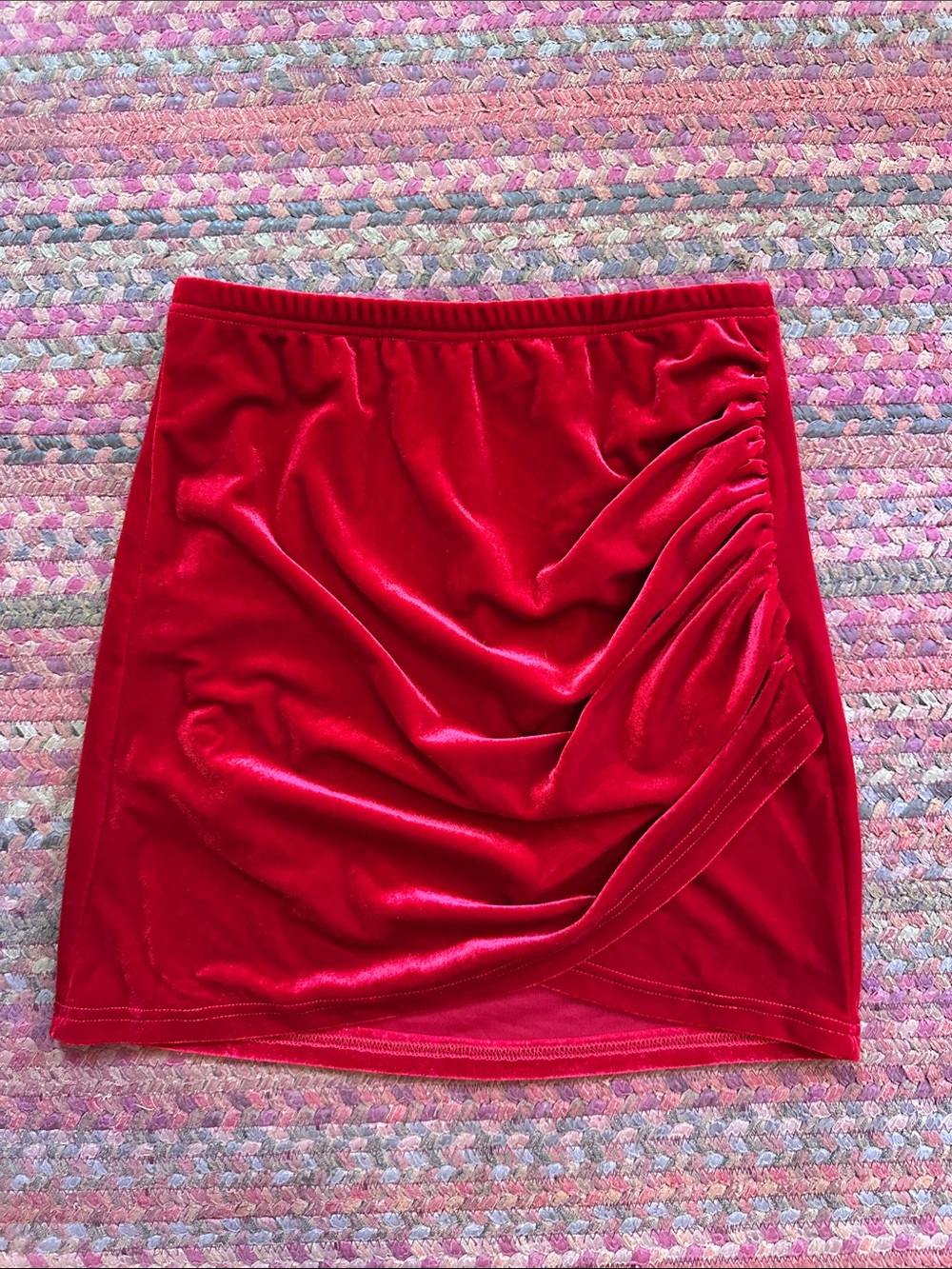 Red Velvet Ruched WRAP FRONT STRETCH Mini Skirt